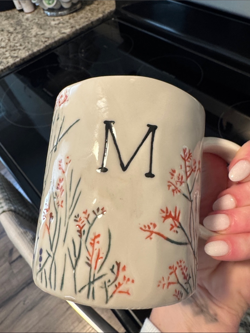 Anthropologie Monogram M Ceramic Mug with Coral Floral Accent - Picture 5 of 5
